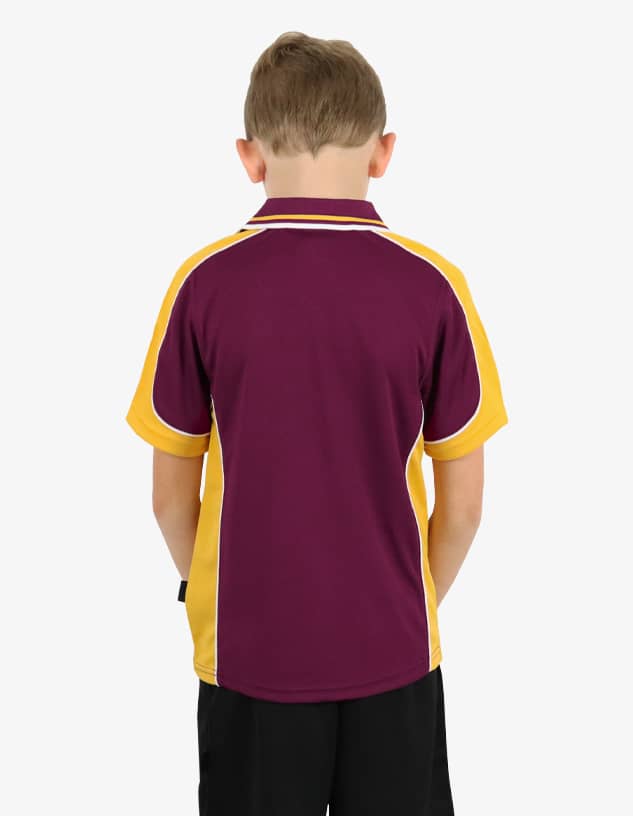 A back view of a polo shirt in maroon and yellow with a logo on the upper back.