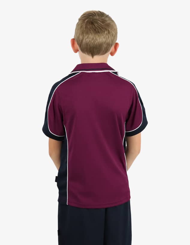 A maroon and navy polo shirt with white piping, featuring a logo on the back.