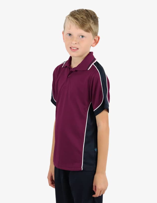 A maroon and navy polo shirt for kids featuring contrasting side panels and a logo.