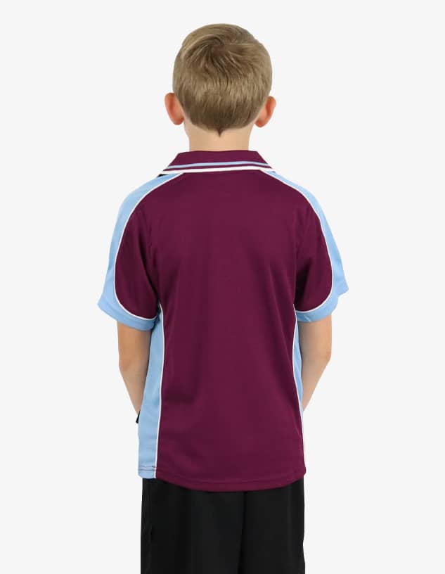 A maroon and light blue polo shirt, featuring a branded logo, viewed from the back on a child.