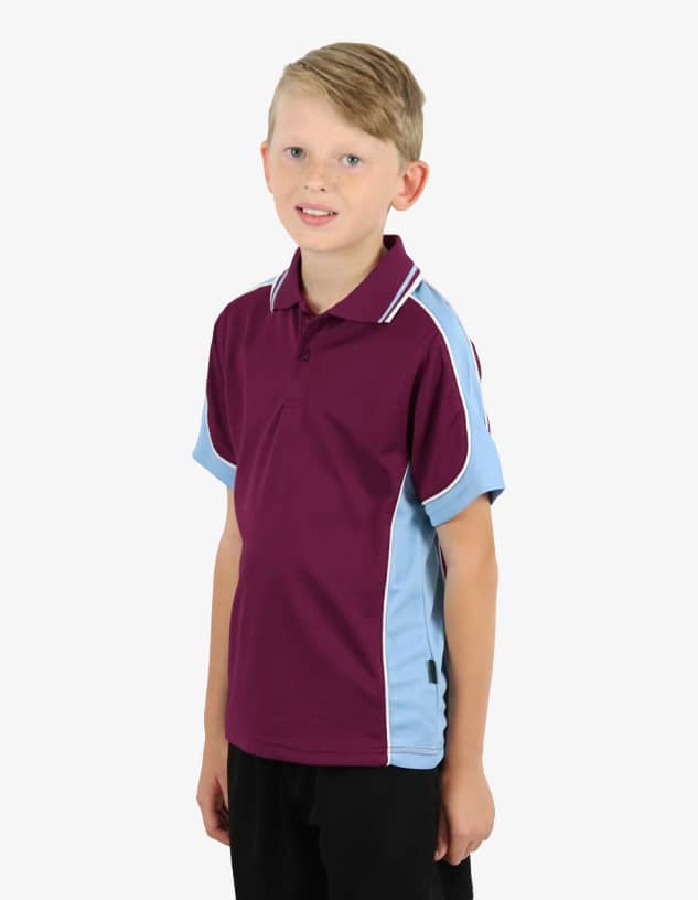A polo shirt in maroon and light blue with contrasting panels and a logo on the chest. Perfect for casual wear.