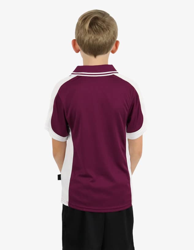 A maroon and white polo shirt, featuring a logo, worn by a child from the back view.