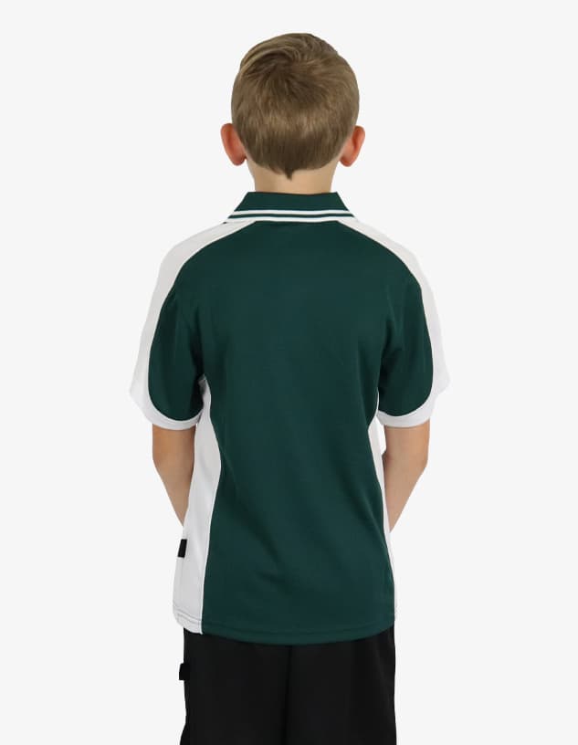 A polo shirt in dark green with white side panels, featuring a logo on the back.