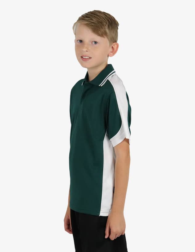 A green polo shirt with white accents, displayed on a young model. The shirt features a collar and short sleeves.