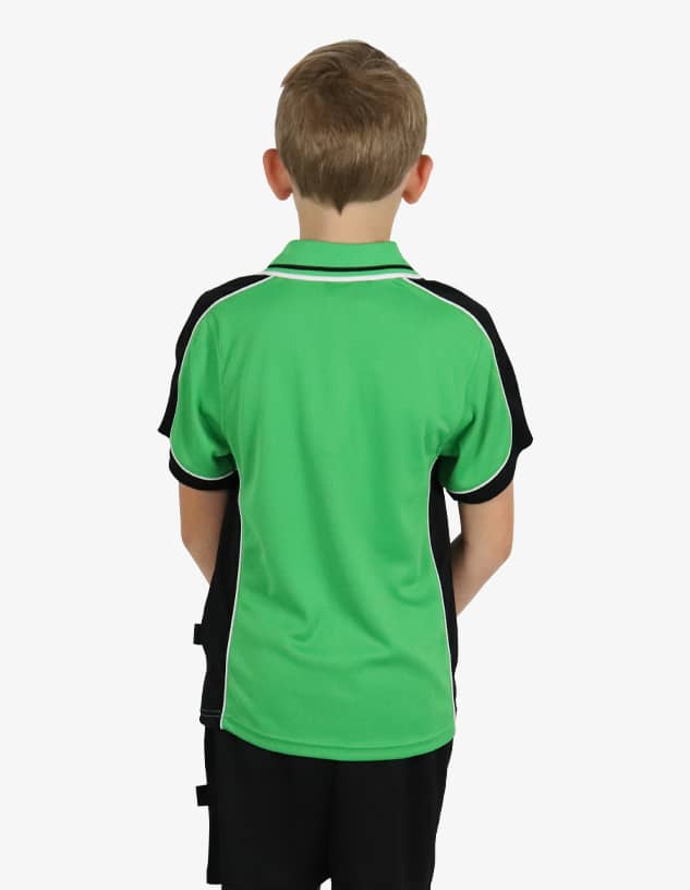 A green and black polo shirt with white detailing and a logo on the back.