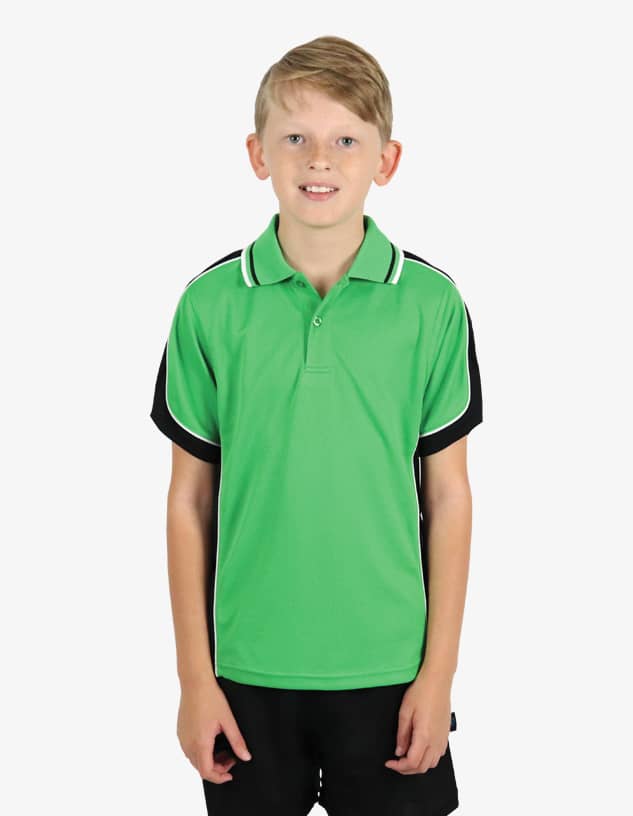 A young boy wearing a bright green polo shirt with black short sleeves and white trim, standing against a plain background.