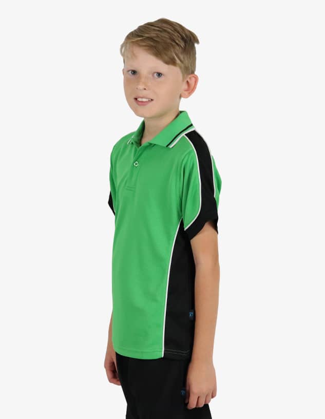 A green polo shirt with black accents, featuring a collar and short sleeves, displayed on a child.