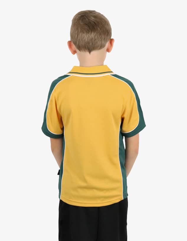 A polo shirt featuring yellow with green accents, designed for children, showcasing a logo on the back.