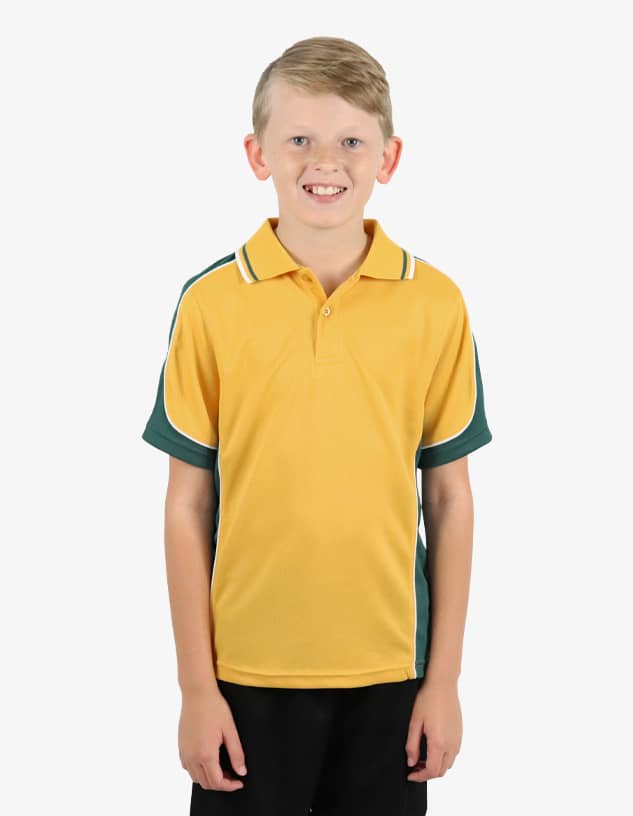 A yellow polo shirt with green sleeves and a logo, featuring a classic collar and short sleeves.