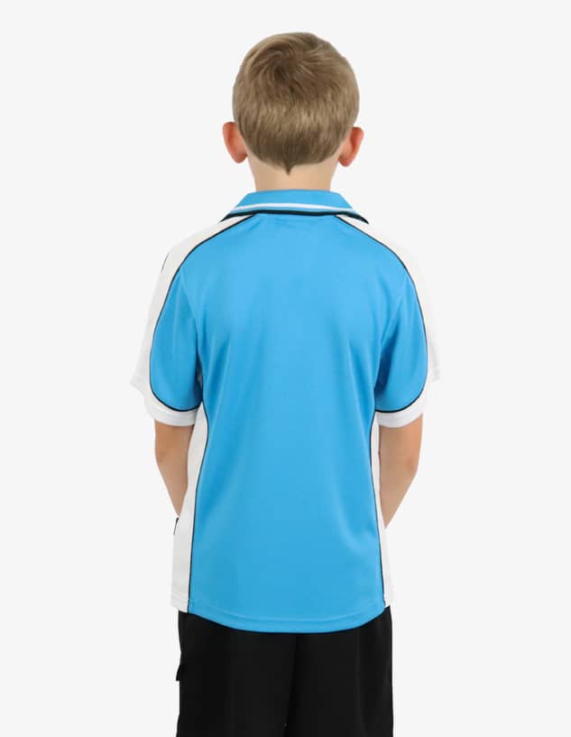 A boy wearing a blue and white polo shirt, viewed from the back, with contrasting black details.