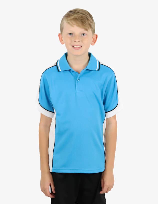A child wears a light blue polo shirt with white and black accents and a logo on it.