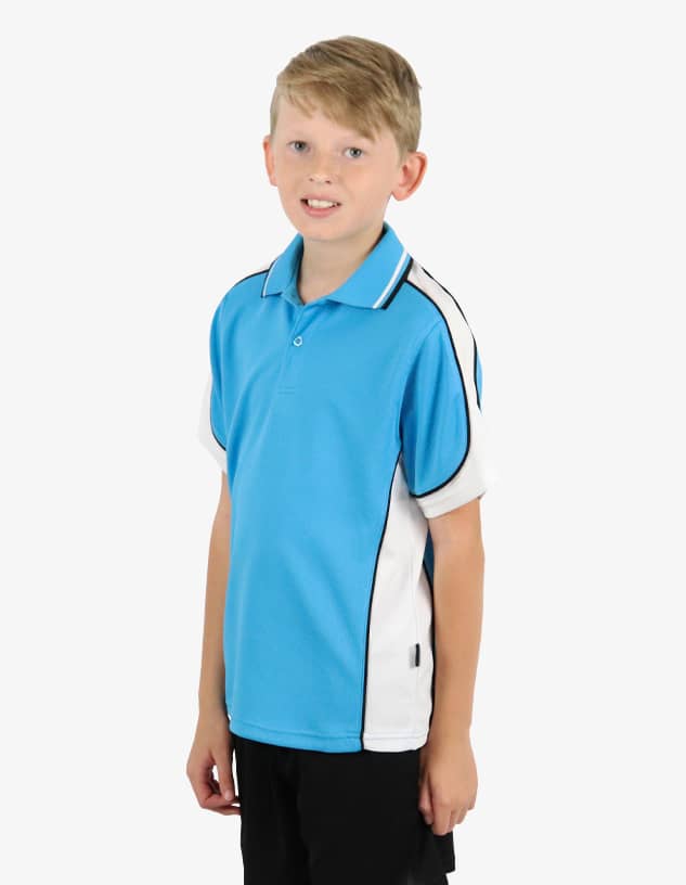 A blue and white polo shirt featuring a branding logo, designed for kids, with short sleeves and side panel detailing.