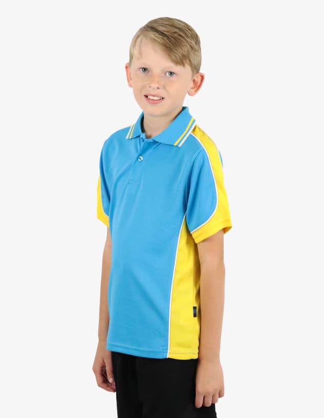 A polo shirt in blue and yellow with short sleeves and a collar, featuring a logo on the side.