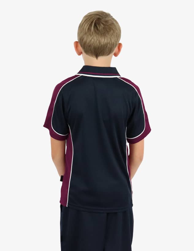 A polo shirt in navy blue with maroon accents, featuring a logo. Styled for children, displayed from the back.