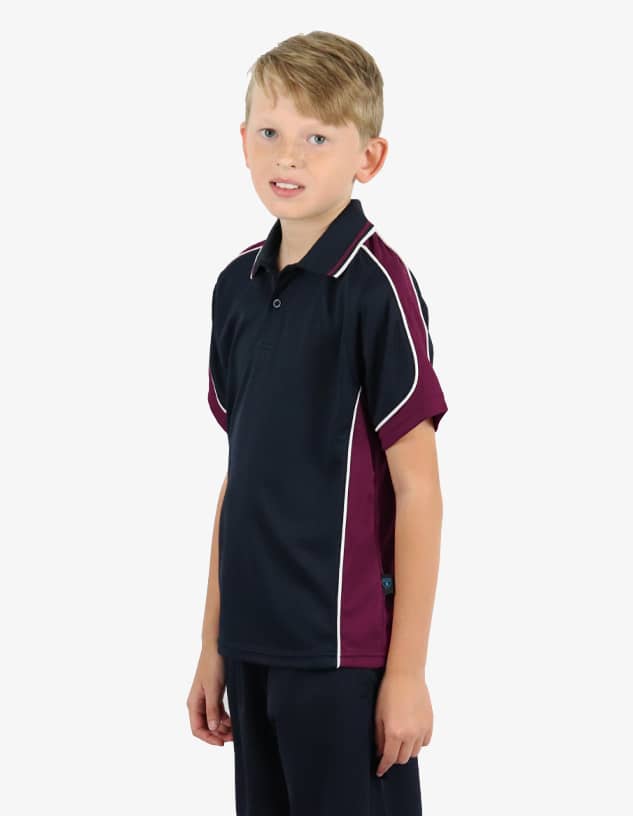 A short-sleeved polo shirt in navy blue with maroon accents and a branding logo. Suitable for children's wear.
