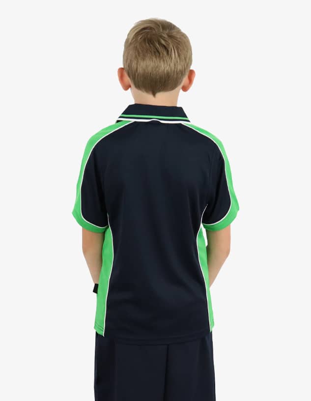 A child is wearing a navy blue polo shirt with green accents and white piping, viewed from the back.