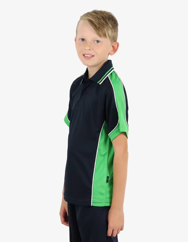 A polo shirt featuring a navy blue base with green accents and white piping. Includes a logo.