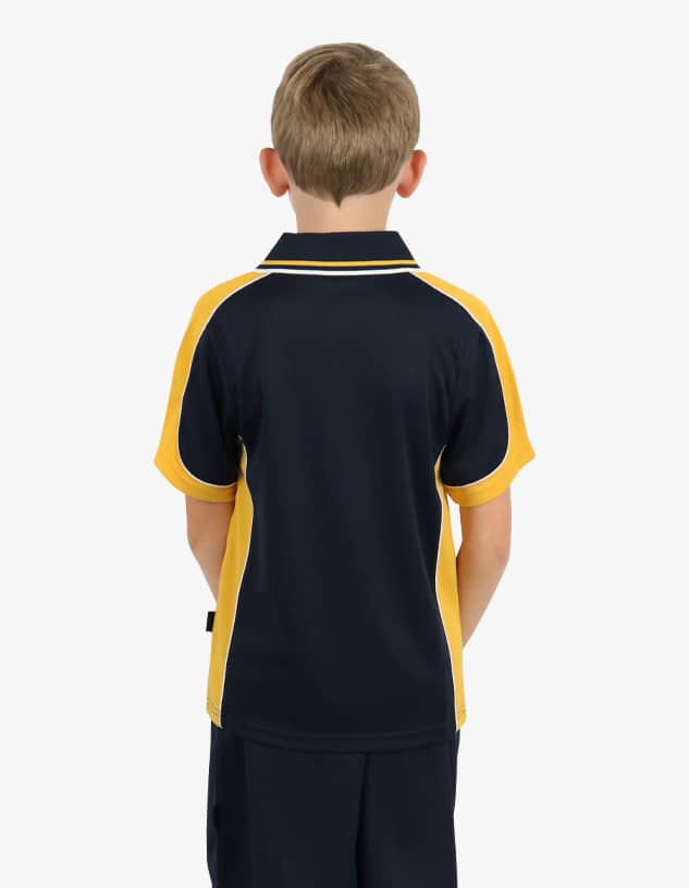 A navy and yellow polo shirt, featuring a logo, viewed from the back on a child.
