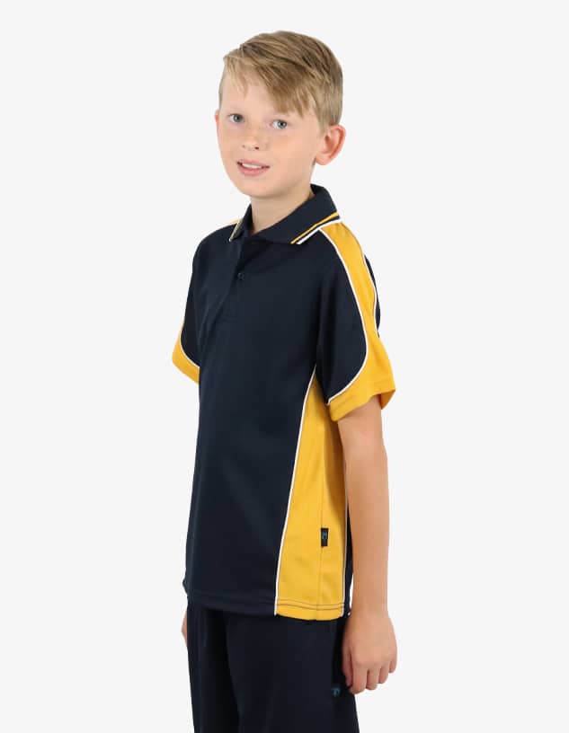 A navy and gold polo shirt for children, featuring a logo on the front and contrasting panel design.