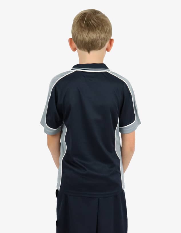 A navy and grey polo shirt with a logo, viewed from the back on a child.