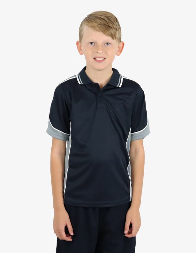 A navy polo shirt with grey accents and a logo. Suitable for casual or sportswear.