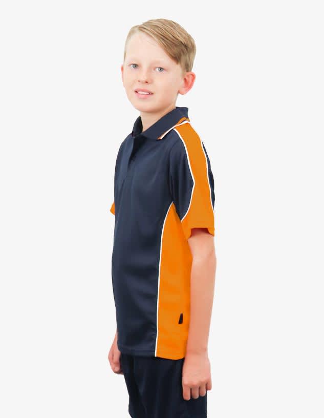 A polo shirt in navy and orange, featuring a simple design and a logo on the chest.