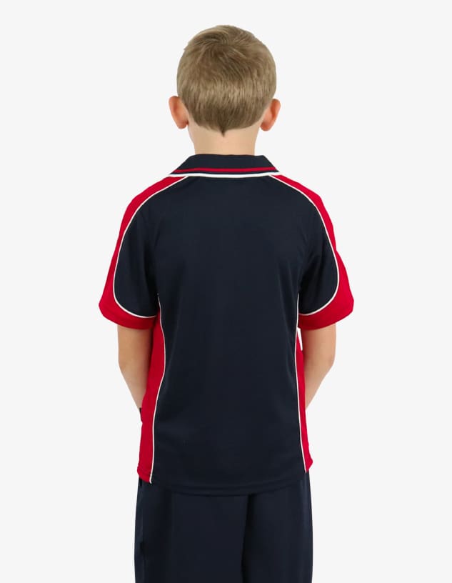 A polo shirt featuring a navy blue body with red sleeves and white accents. The back view reveals its sporty design.