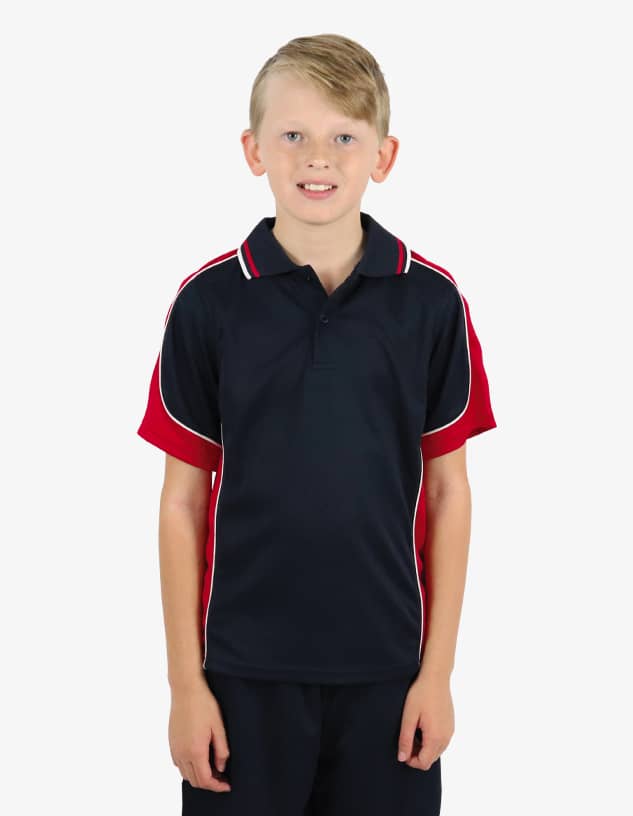 A polo shirt featuring navy blue and red colours with contrasting seams, suitable for casual wear.