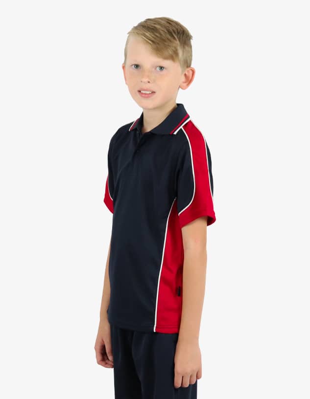 A polo shirt in navy blue with red and white accents, featuring a logo. Suitable for casual wear.