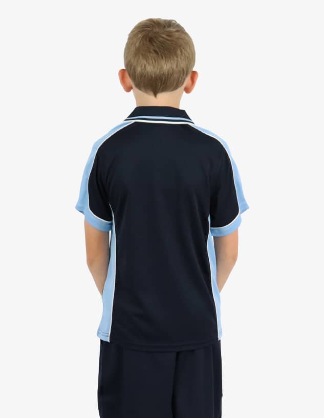 A navy and light blue polo shirt featuring a logo, viewed from the back, worn by a child.