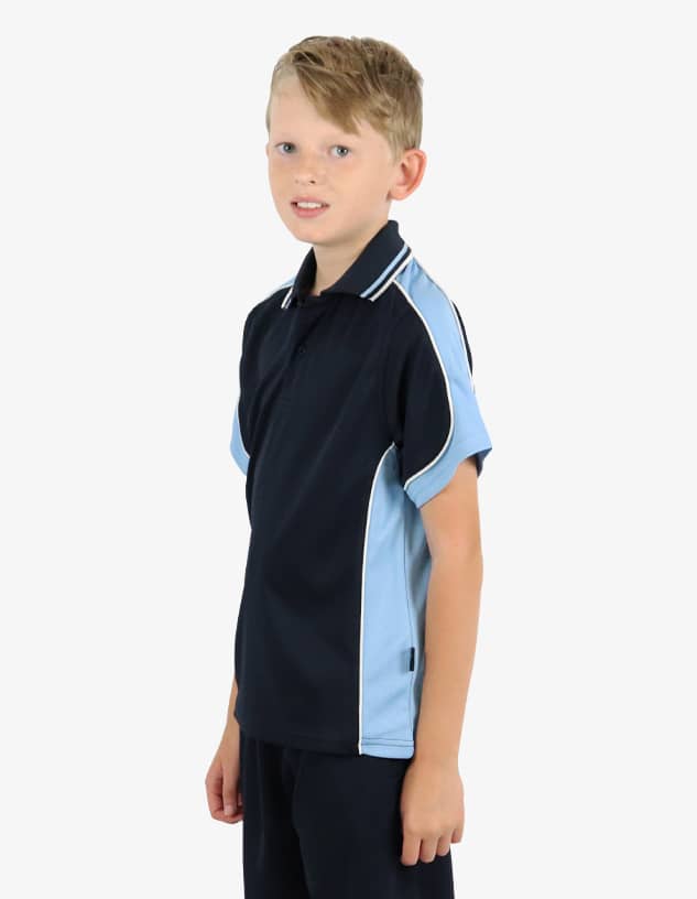 A polo shirt in navy blue with light blue accents, featuring a logo on the side. Suitable for casual wear.