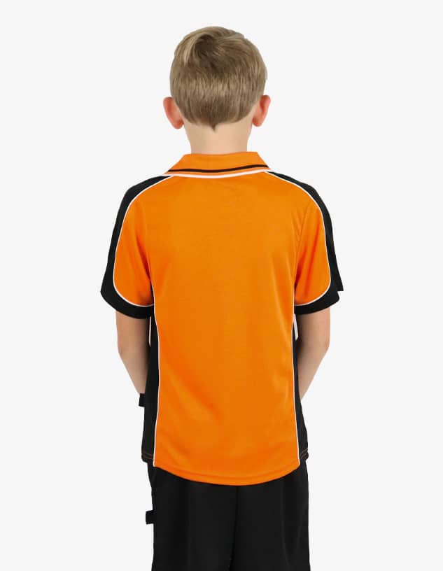 A polo shirt in vibrant orange with black accents and a logo on the back.
