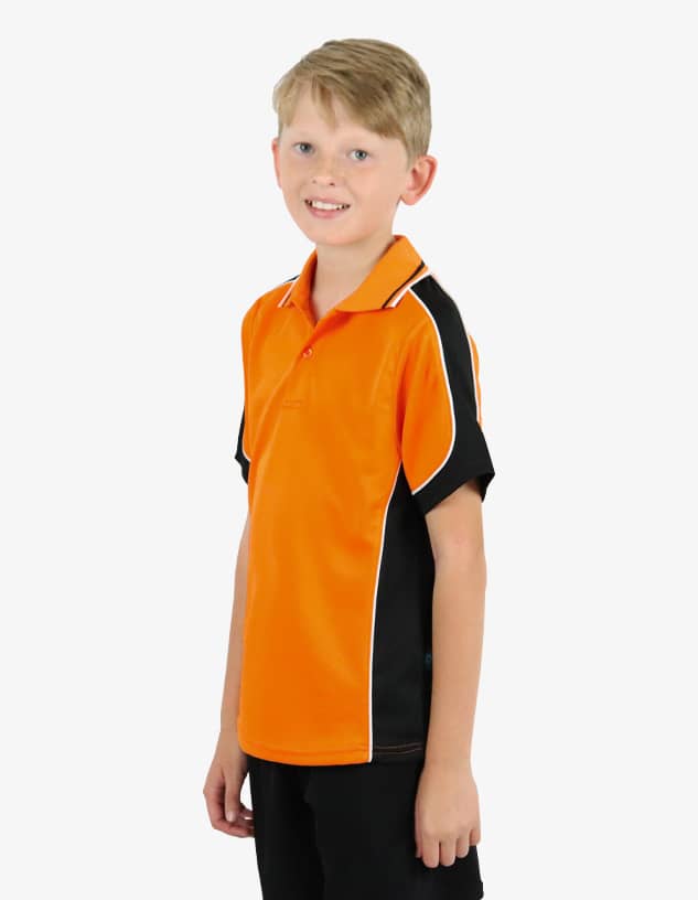 An orange and black polo shirt featuring a logo, designed for children.