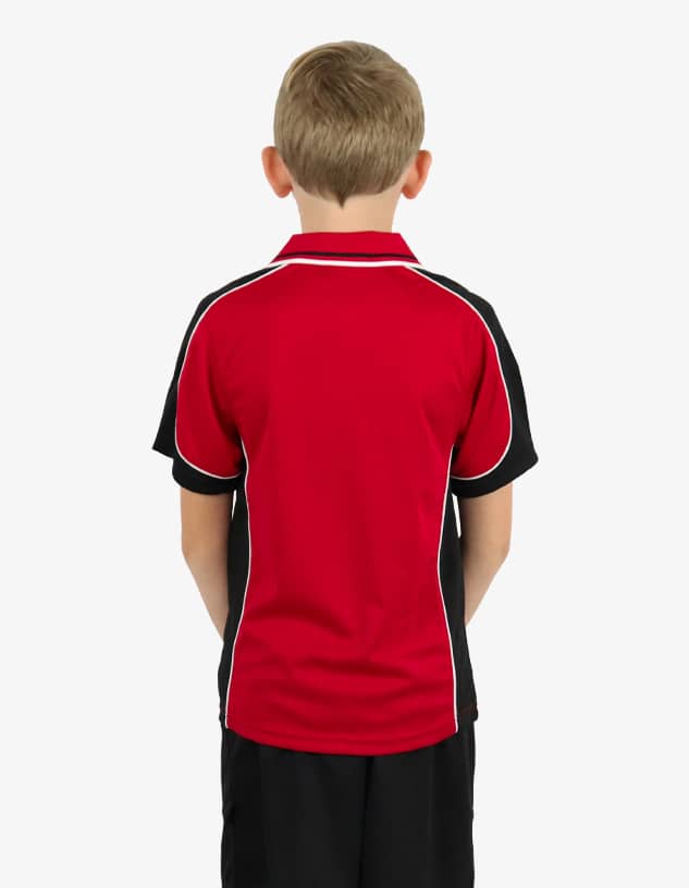 A red and black polo shirt with white piping, viewed from the back. It features a logo on the upper back.