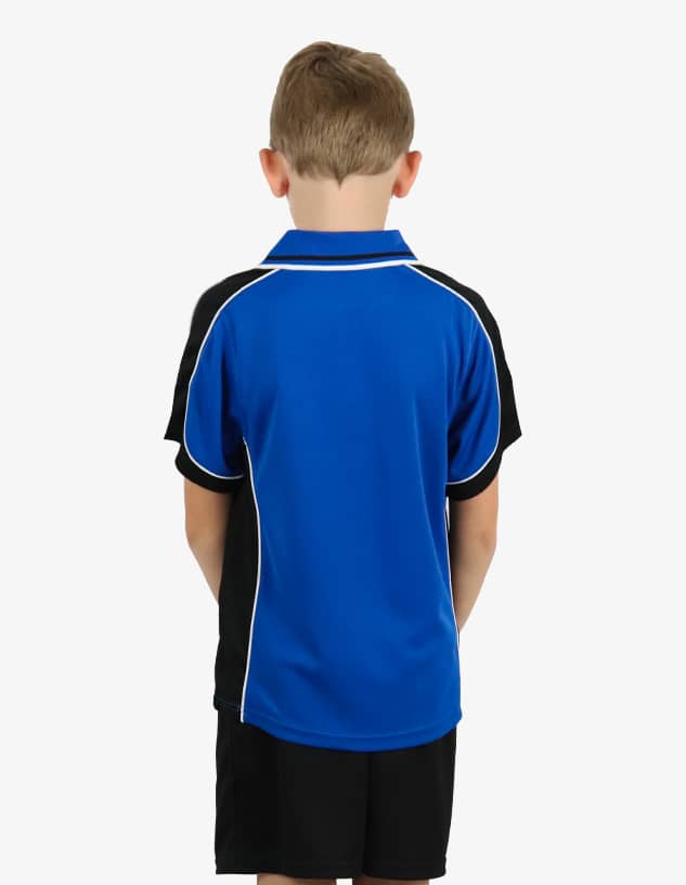 A blue and black polo shirt with white piping, displayed on a child facing away from the camera.