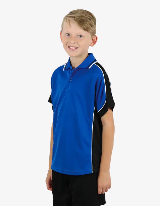 A blue and black polo shirt with contrasting white stripes, worn by a smiling child. The shirt features a logo.