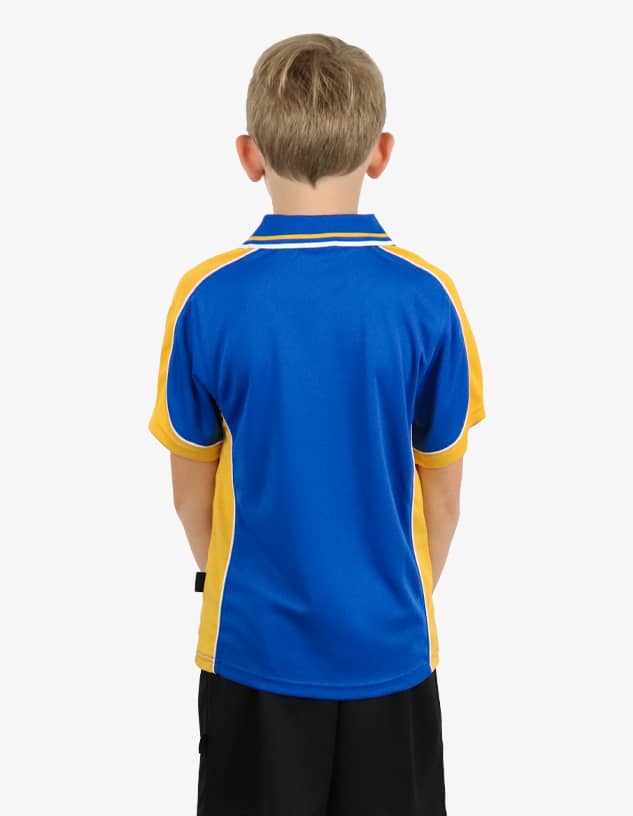 A polo shirt featuring blue and yellow colours with a logo on the back, designed for children.