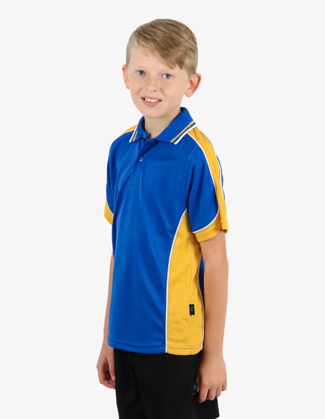 A blue and yellow polo shirt with short sleeves and a logo, displayed on a young boy.