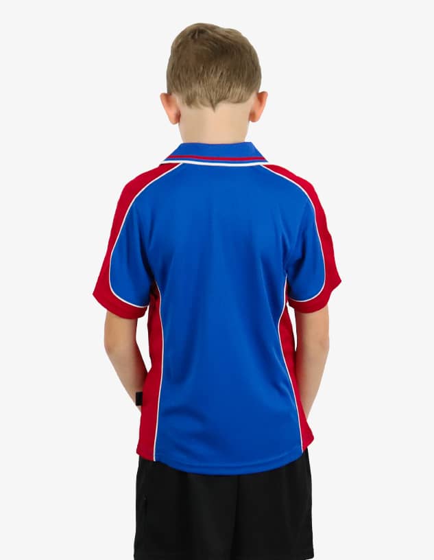 A polo shirt in blue and red with contrasting white trim, featuring a logo on the back.