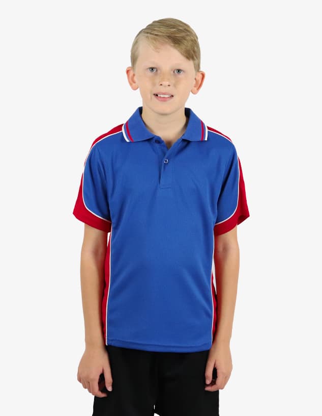 A polo shirt featuring blue and red colours with contrasting side panels and a collar. It has a small logo.