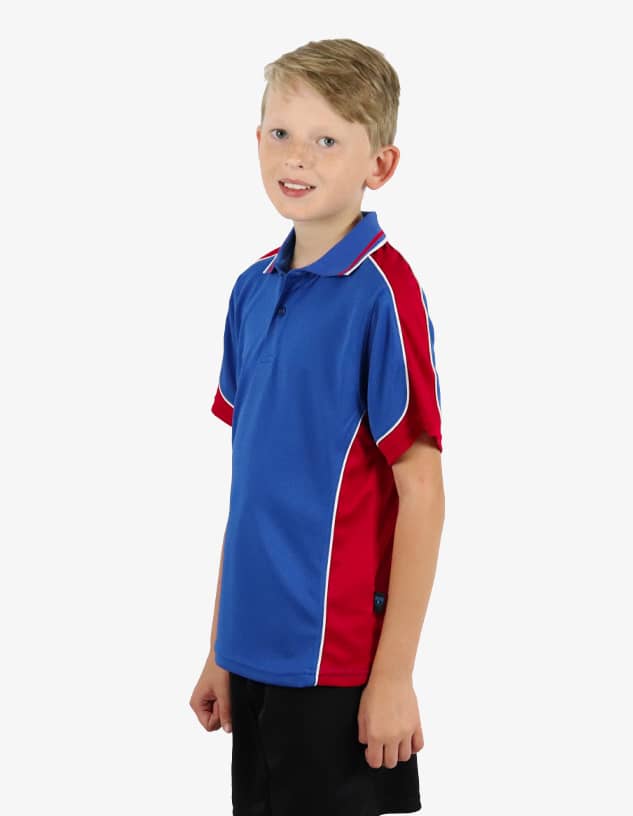 A polo shirt featuring a blue and red colour scheme, with contrasting white piping along the seams.