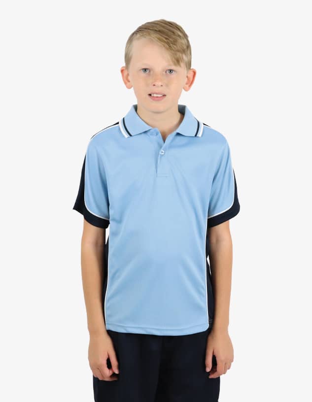A polo shirt in light blue and navy, featuring a logo, designed for kids.