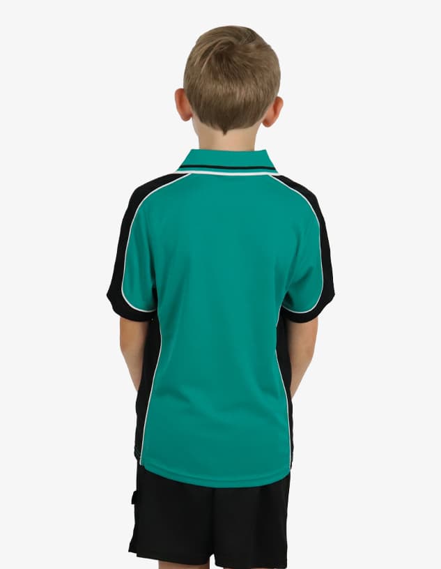 A polo shirt in teal and black, featuring a contrasting design and a logo on the upper back.