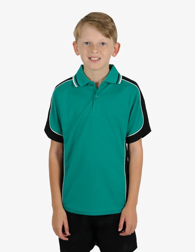 A teal and black polo shirt with contrasting stripes, featuring a collar and short sleeves, modelled by a child.