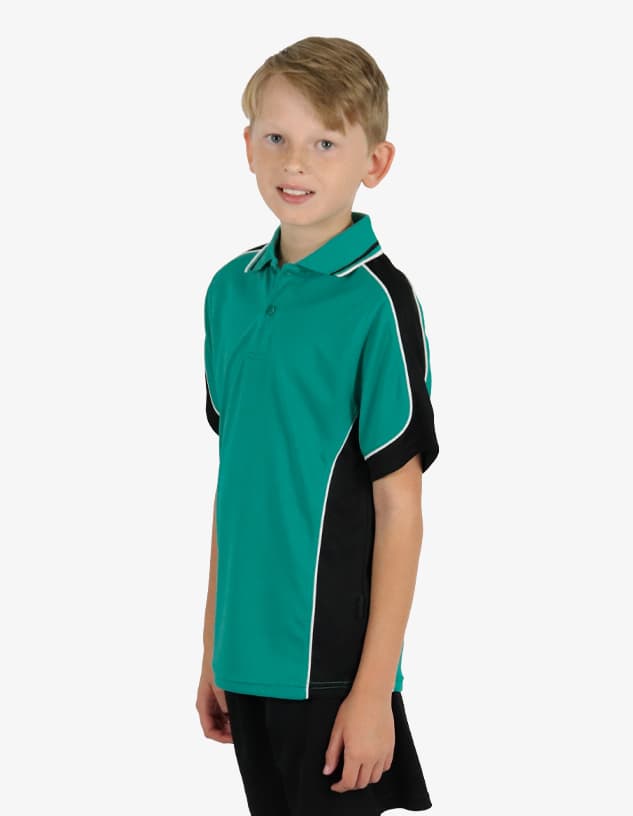 A polo shirt in teal with black sleeves, featuring white piping and a logo on the chest.