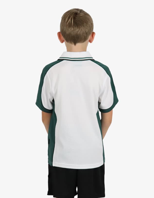 A back view of a children's polo shirt featuring a white body with green accents and a logo.