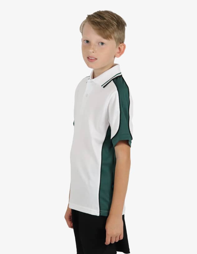 A polo shirt in white with green accents, featuring a collar and a logo on the chest.