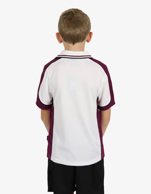 A polo shirt in white and maroon, featuring a collar and a logo, is displayed on a child from the back.