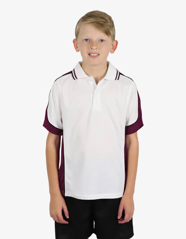 A white polo shirt with maroon sleeves, featuring a collar and a logo. Modelled by a young boy.