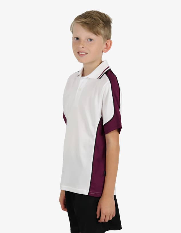A polo shirt in white with maroon accents, featuring a logo on the sleeve. Suitable for casual or sporty wear.